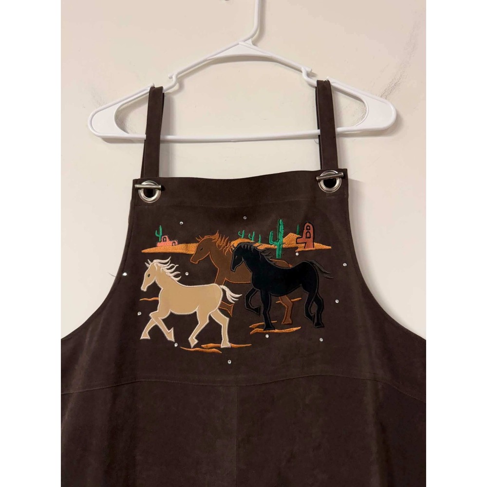 Quacker Factory Womens 14 Brown Jumper Dress Western Embroidered Horse Suede